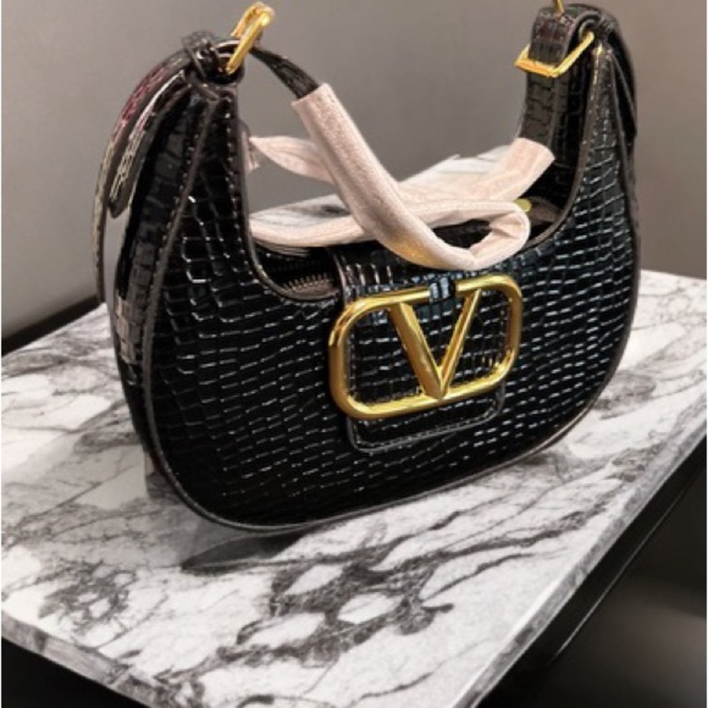 Valentino Black Croc-Embossed Shoulder Bag